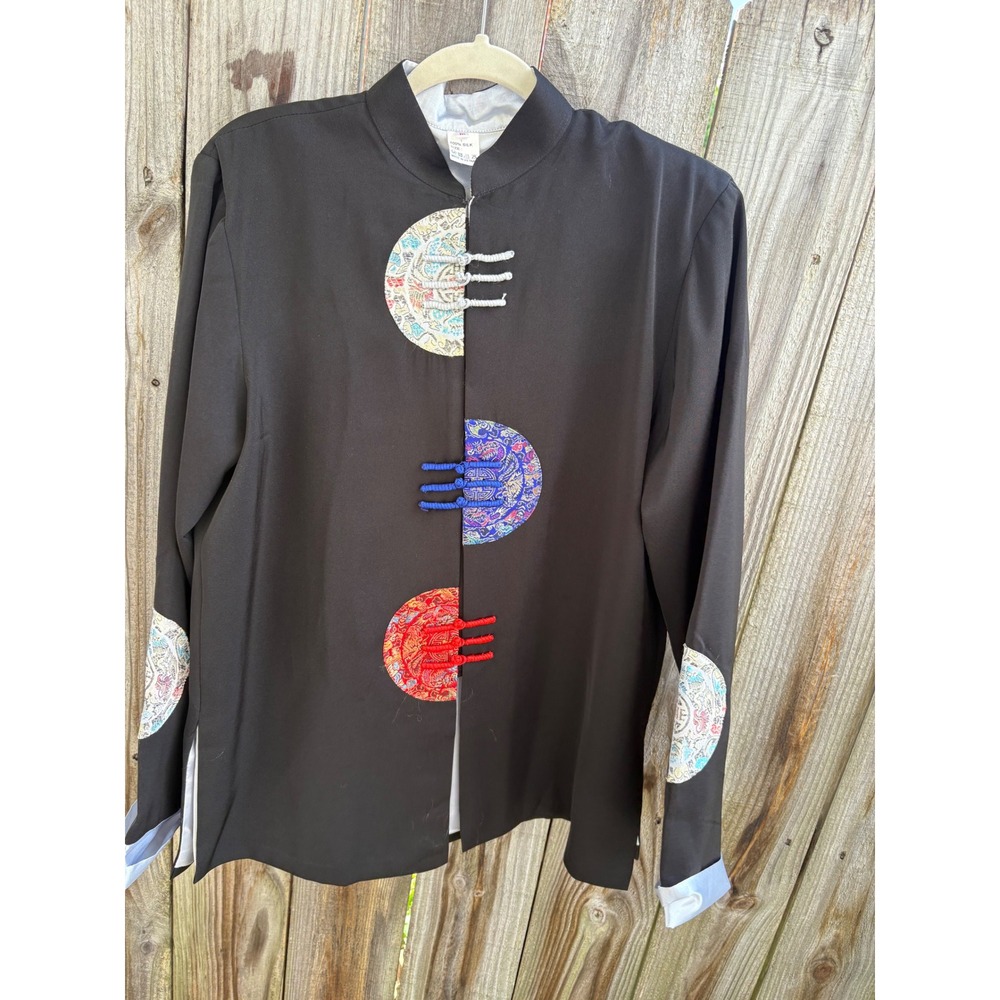 100% Silk Vietnamese Mandarin Collar Frog Button Brocade Patch Jacket Black M